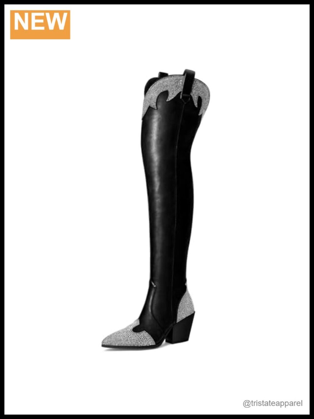 Faux Leather Rhinestone Thigh High Cowboy Boots Chunky Heel Pointed Toe Side
